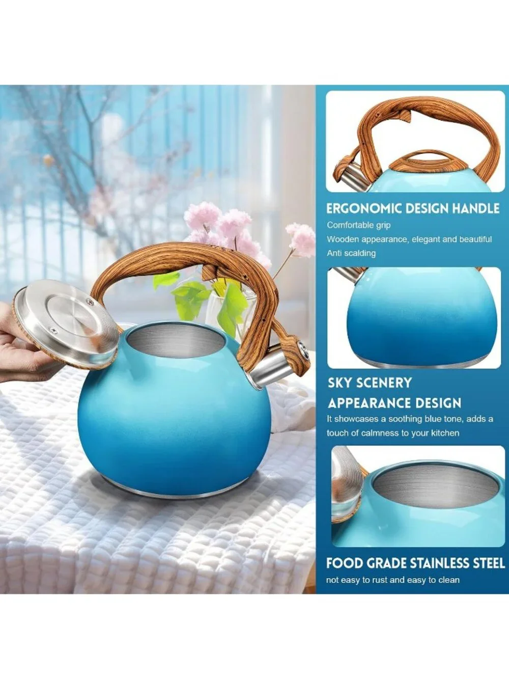 GGC 3.1QT Sky-Blue Stainless Steel Whistling Tea Kettles For Kitchen Stove Top